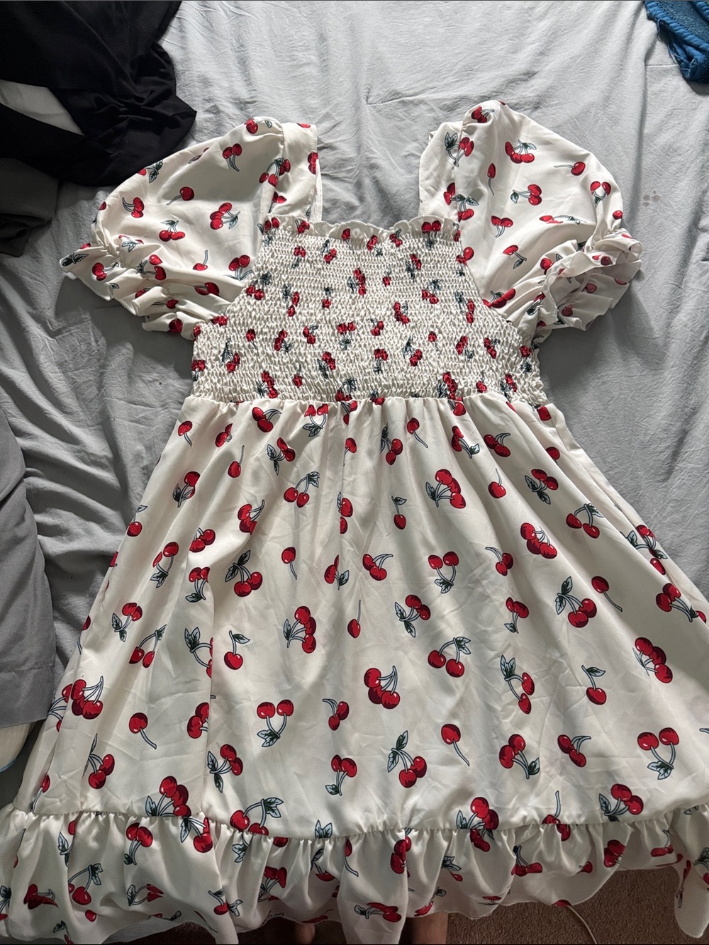 White Cherry Print Smocked Puff Sleeve Casual Dress